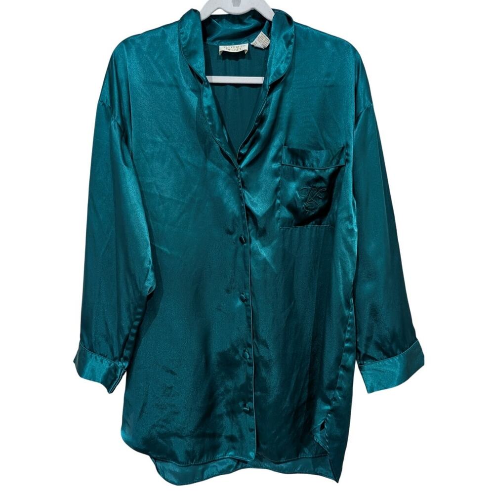Vintage Victoria's Secret Evergreen Satin Button Down PJ Dress Gold Label